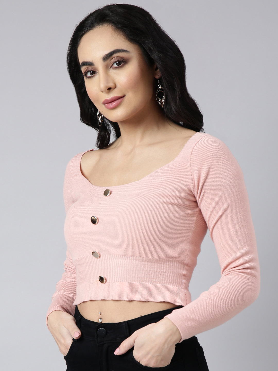 Women's Peach Scoop Neck Long Sleeves Crop Fitted Top
