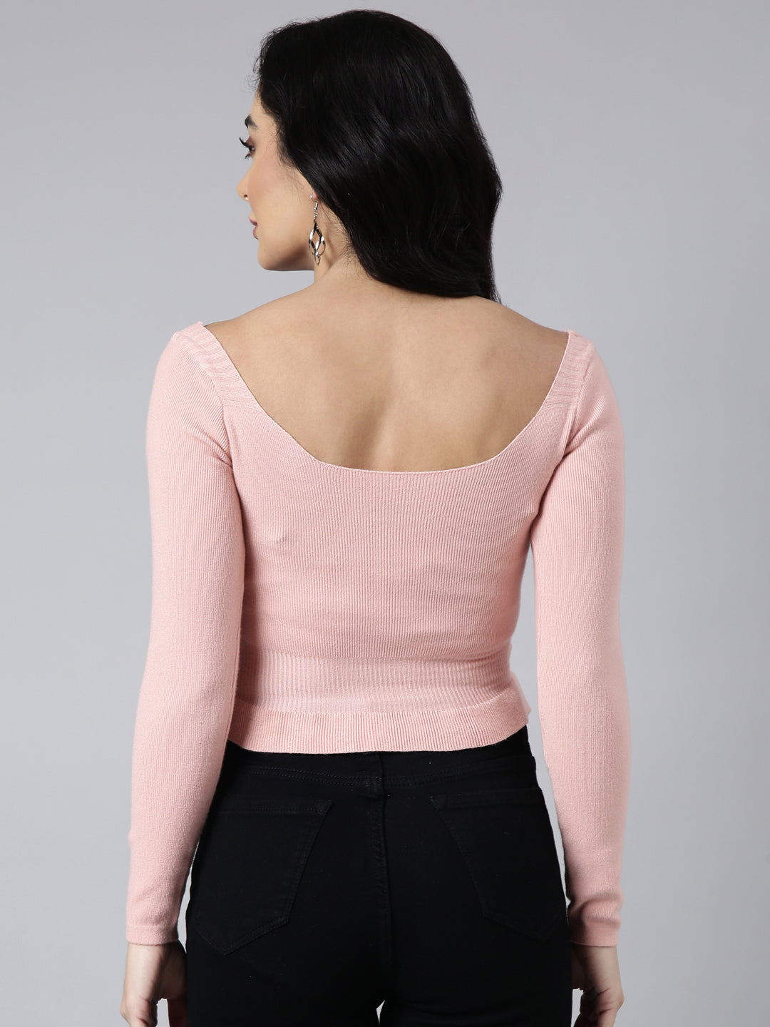 Women's Peach Scoop Neck Long Sleeves Crop Fitted Top