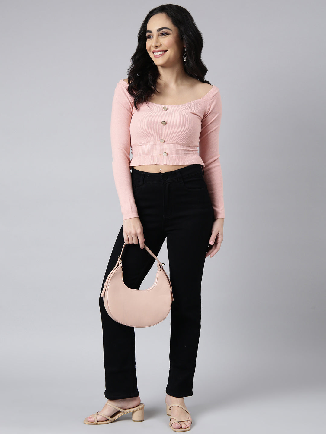 Women's Peach Scoop Neck Long Sleeves Crop Fitted Top