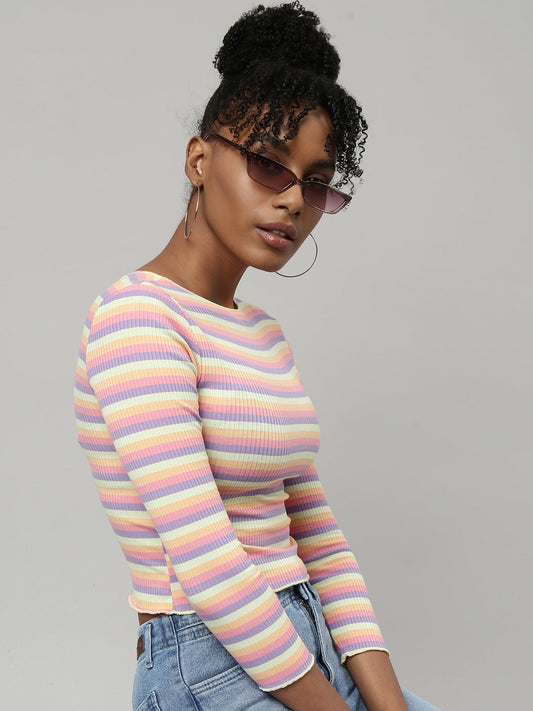 Women's Multi Striped Fitted Crop Top