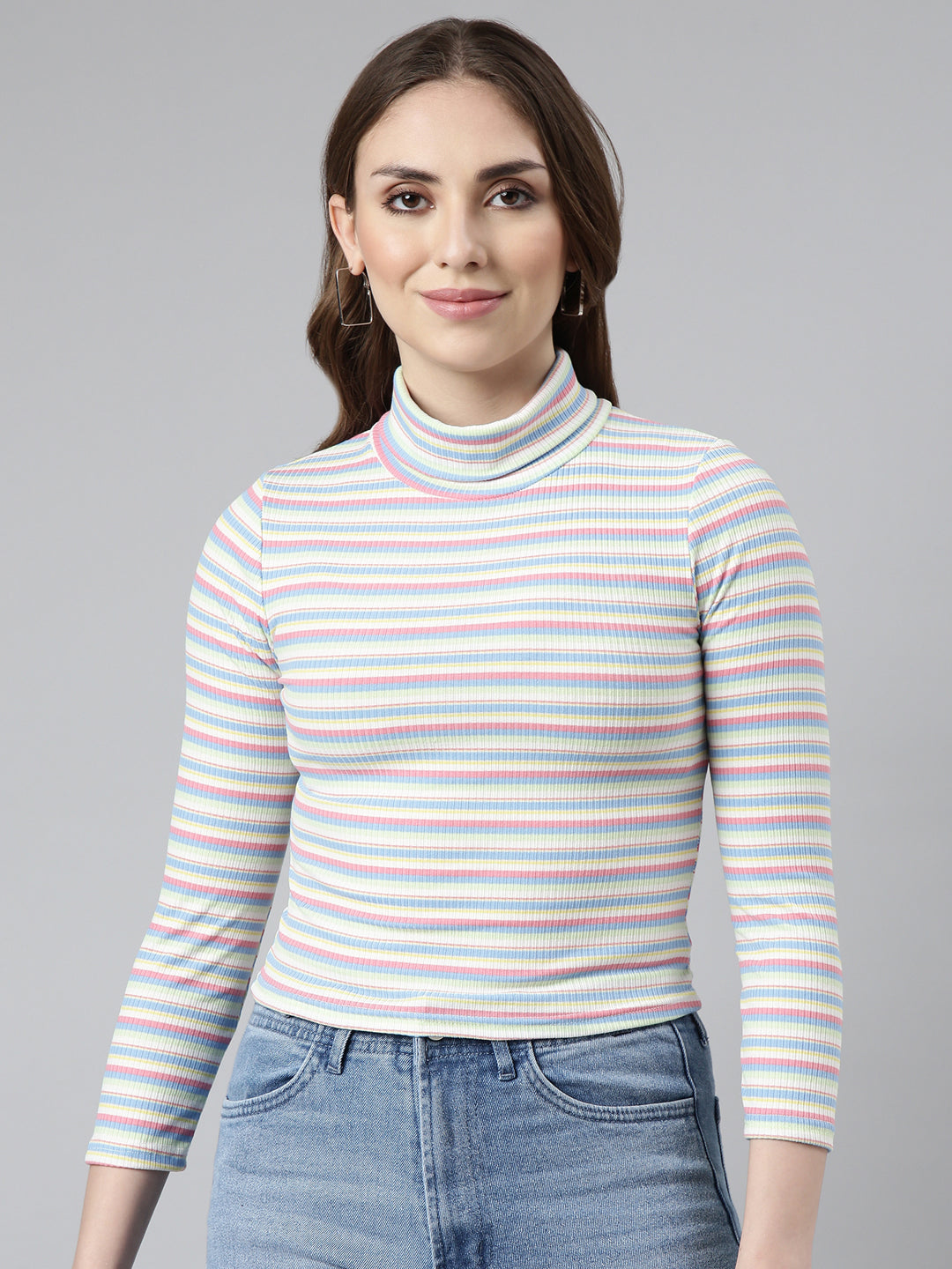 Women's Sea Green Striped Fitted Top