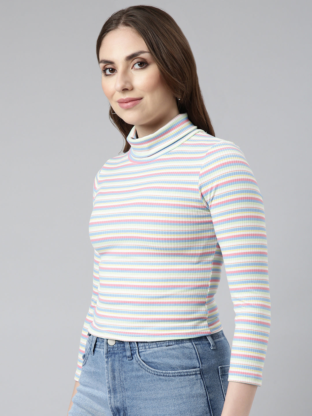 Women's Sea Green Striped Fitted Top