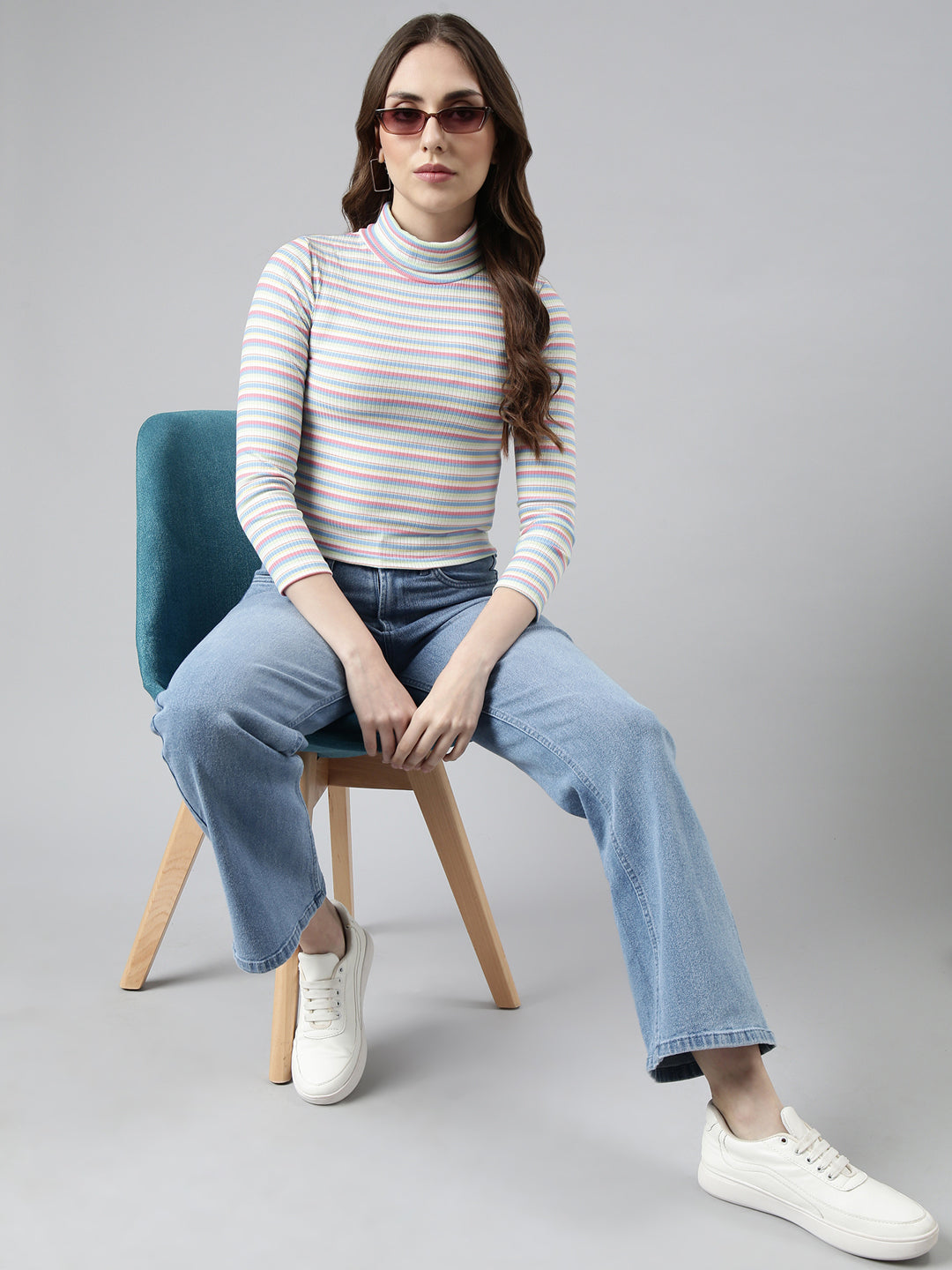Women's Sea Green Striped Fitted Top