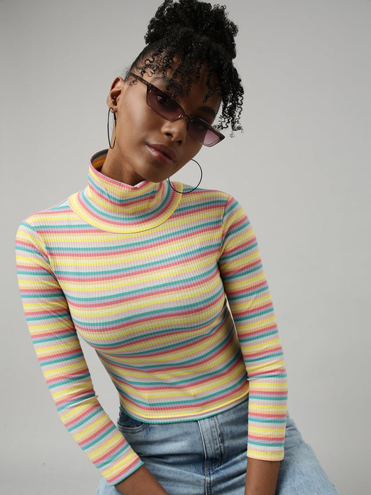 Women's Yellow Horizontal Stripes Fitted Crop Top