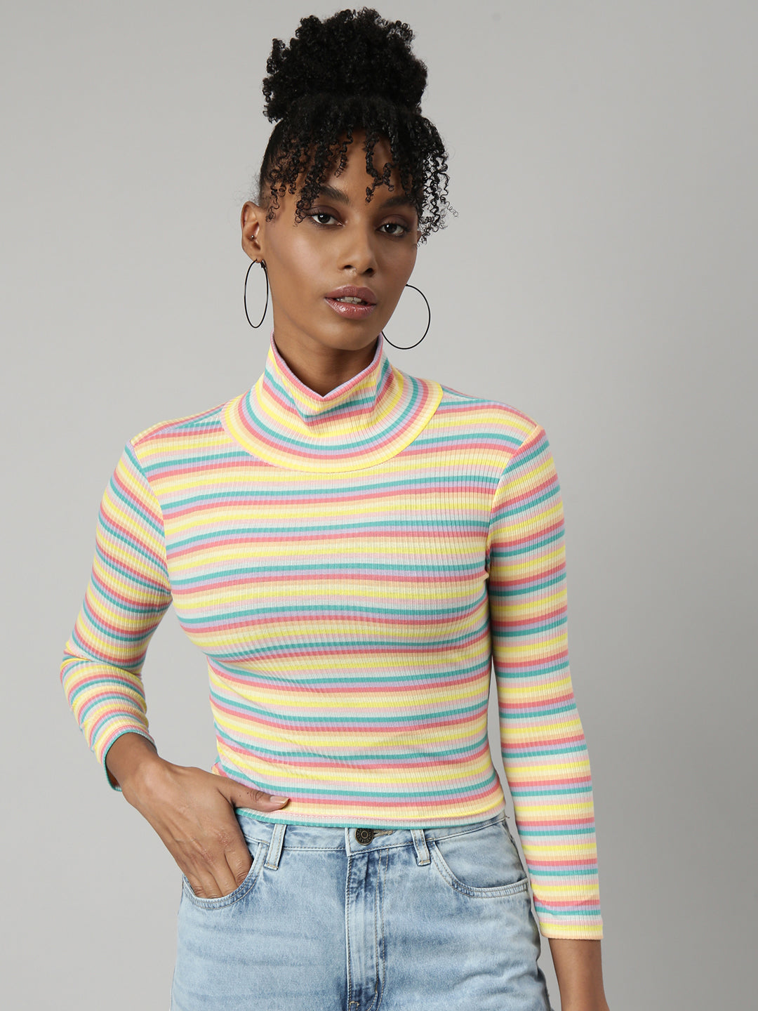 Women's Yellow Horizontal Stripes Fitted Crop Top