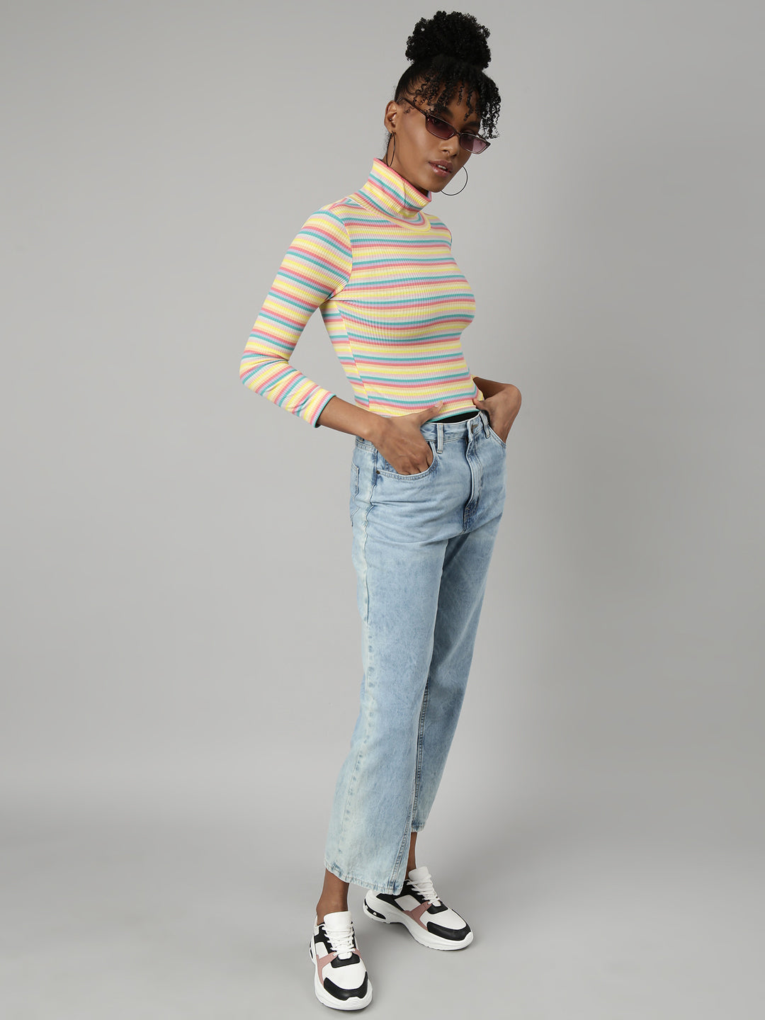 Women's Yellow Horizontal Stripes Fitted Crop Top