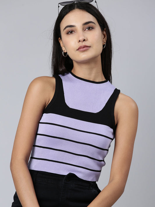 Women's Lavender Striped Sleeveless Crop Top