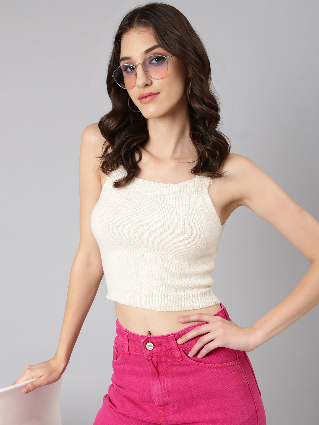 Women's Cream Shoulder Straps Fitted Crop Top