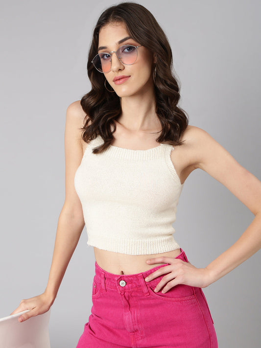 Women's Cream Shoulder Straps Fitted Crop Top