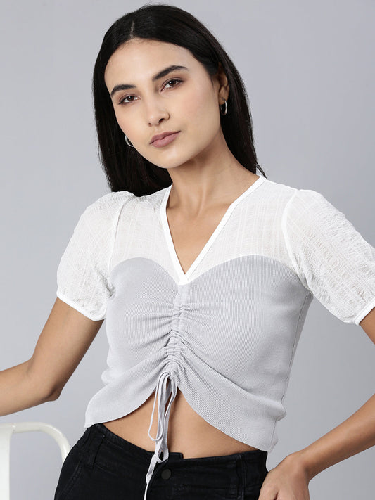 Women's Grey Colour blocked V-Neck Puff Sleeve Acrylic Crop Top