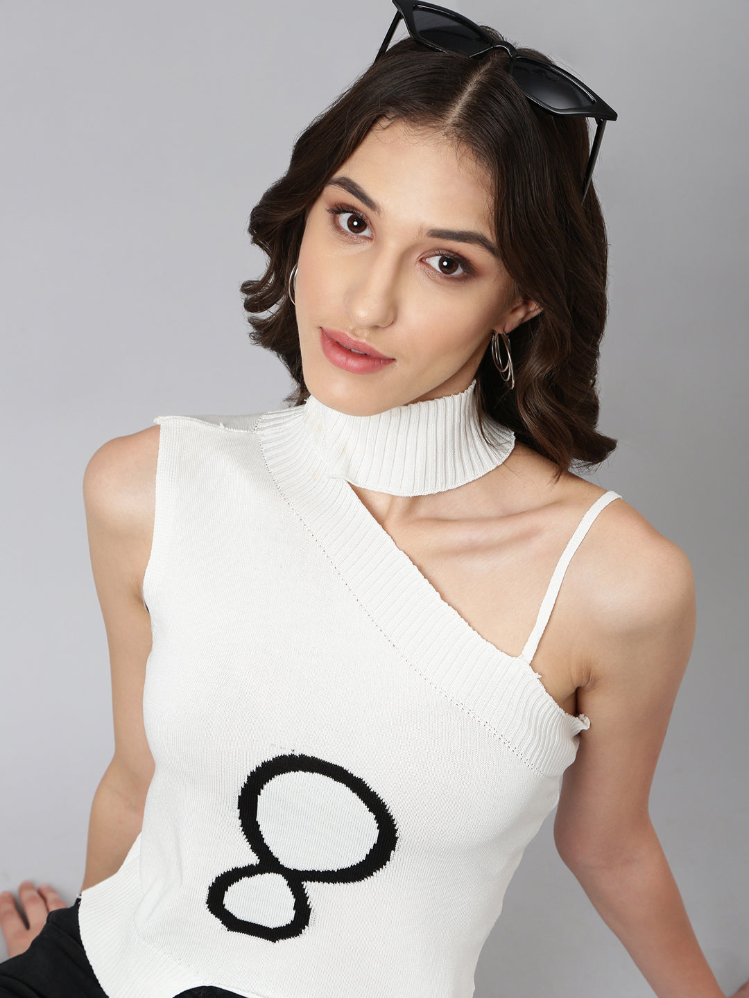Women's White Self Design Choker Neck Top