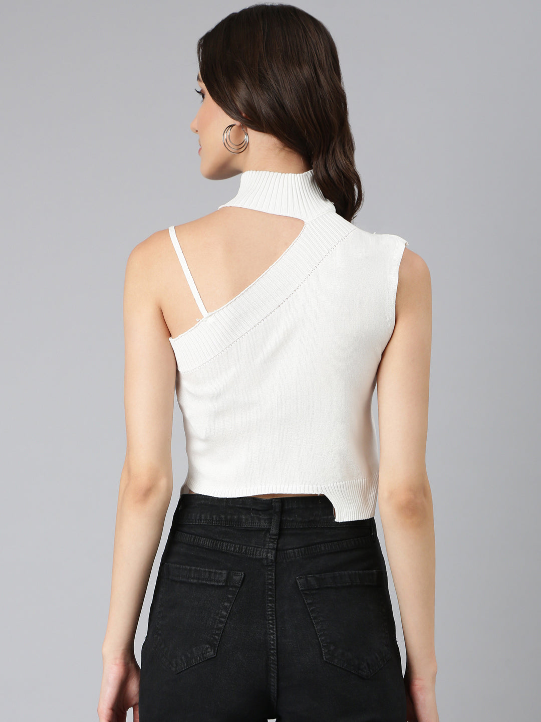Women's White Self Design Choker Neck Top